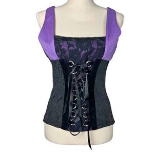 Tripp NYC Purple Black Lace Corset Top Goth Punk Whimsigoth Y2K Size L Halloween